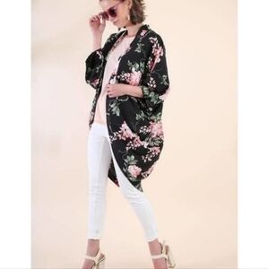 UMGEE Black Pink Floral Kimono Cardigan Womens Size L